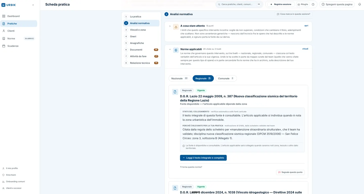 Normative applicabili, articoli specifici e avvertenze nella scheda pratica di Urbik